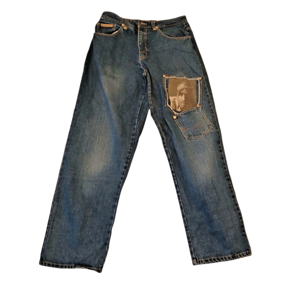 Vintage 2000s Makaveli Branded Tupac Mens 36 Jeans-1971 Brooklyn Hip-Hop Patchwo